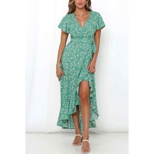 Zesica Womens Green Floral V Neck Short Sleeve Asymmetrical Hem Wrap Dress M